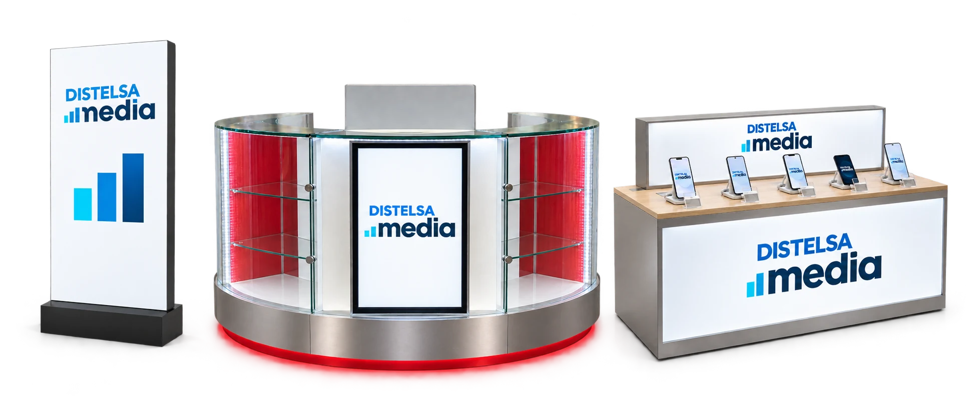 Mockups de Mupi, kiosko de vidrio y módulo SIS de Distelsa Media.