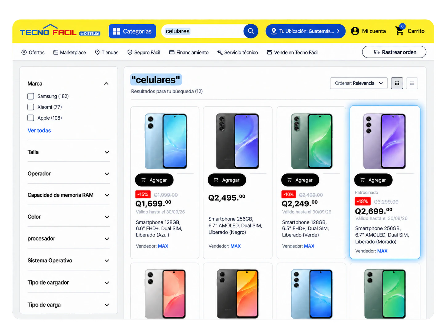 Mockup de Search Products en Tecno Fácil
